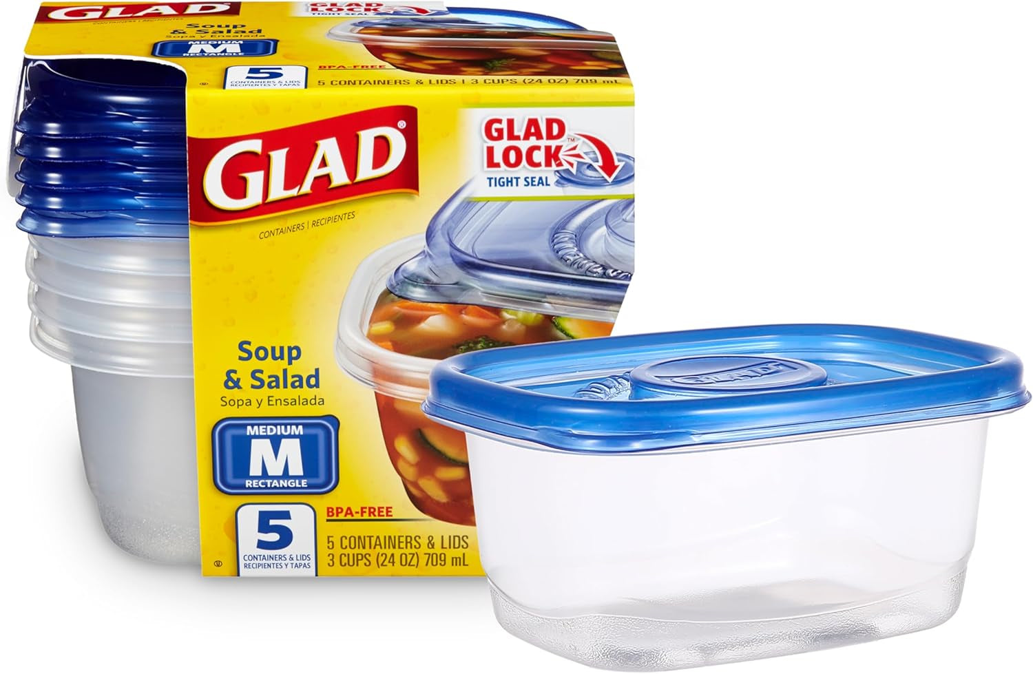 ware Medium Rectangle Food Storage Containers with Lids, BPA Free Plastic for Soups Salads and Meal Prep, Airtight Leak Resistant, Microwave Dishwasher Freezer Safe, 24 Oz, 5 Count
