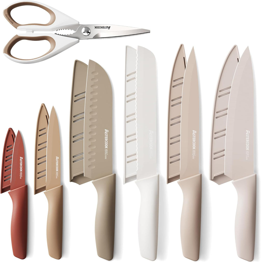 Knife Set, 13 Pieces Kitchen Knives Set with Healthy Anti-Rust Coating, Dishwasher Safe, Stainless Steel Chef Knife Sets with 6 Blade Guards, Perfect Mothers Day Gifts for Kitchen