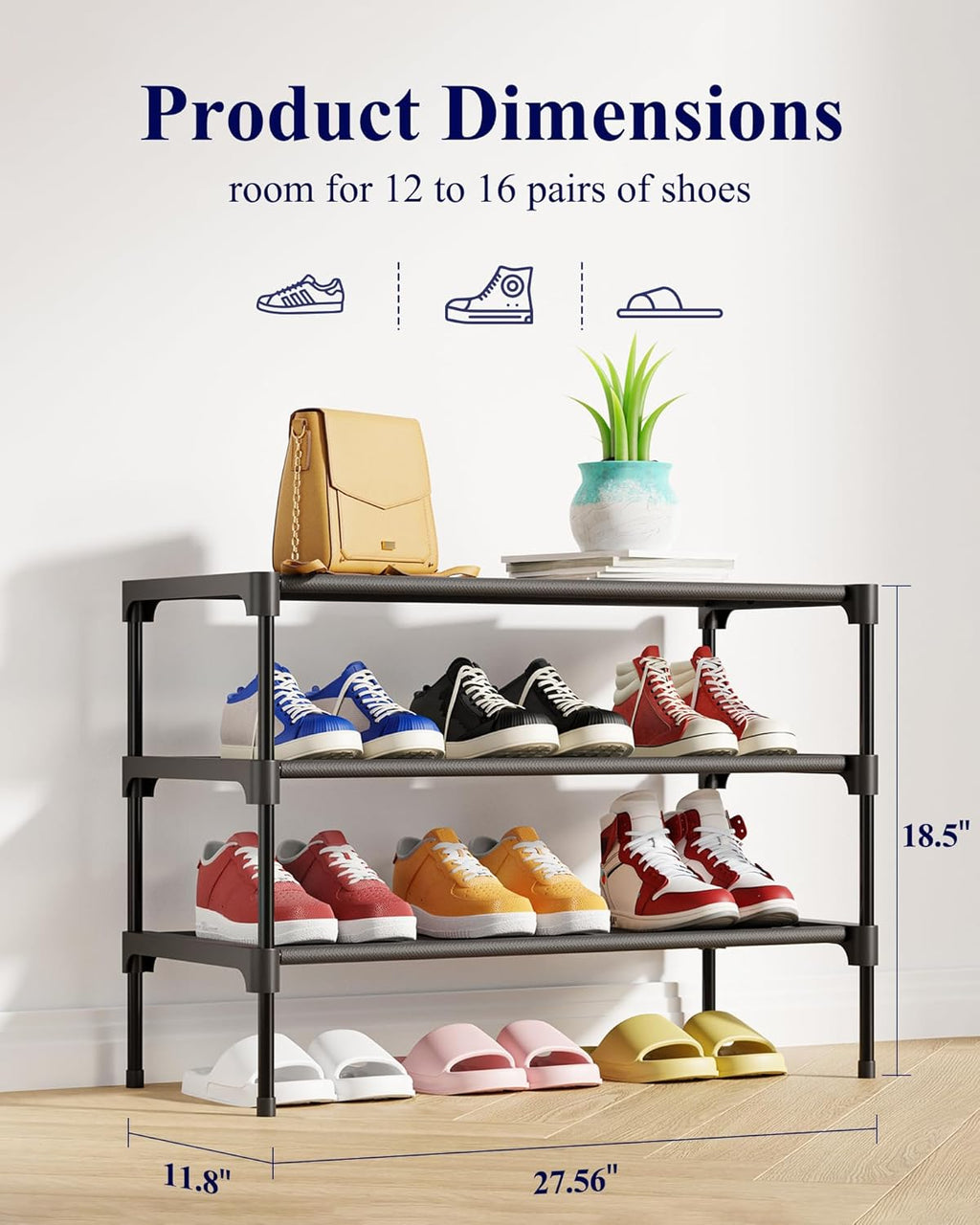 Shoe Rack - Non-Woven Shoe Rack Shelf, Shoe Organizer for Closet, Entryway, Garage & Corridor, Stackable Shoe Shelves, 27.5" Wide - 3 Tier, Black
