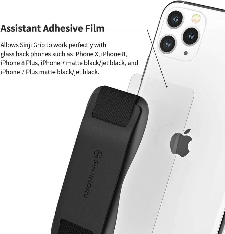 Phone Grip with Silicone Band – Comfortable One-Hand Holder & Kickstand for Smartphones, Tablets, and Ereaders for Iphone, Android, and Kindle Sinji Grip Silicone Black