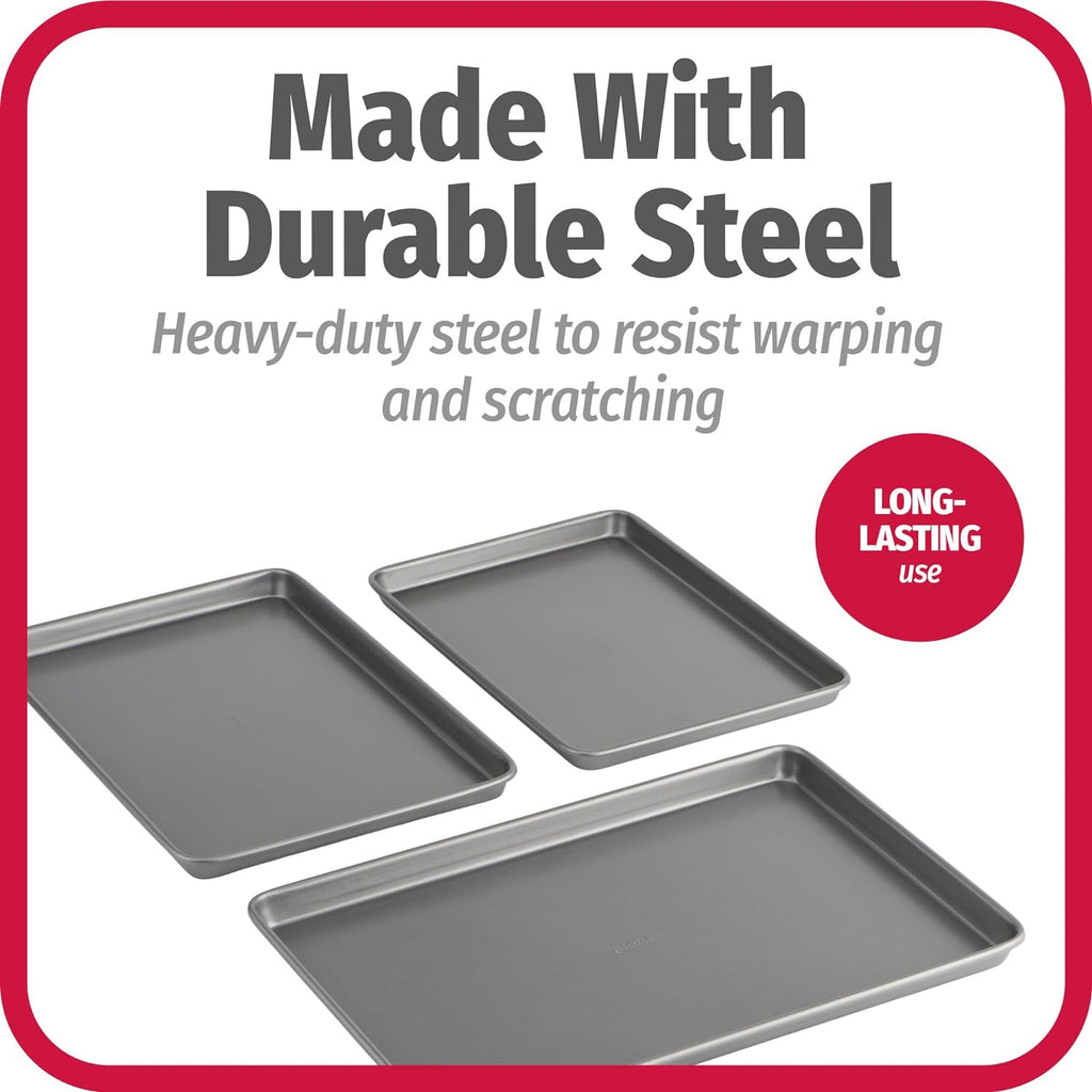 Everyday Nonstick Baking Sheet Set, 3 Pack Includes Small (13×9) Medium (15×1) and Large (17×11) Pans Carbon Steel Construction Cookie Sheets Bakeware Set, Gray