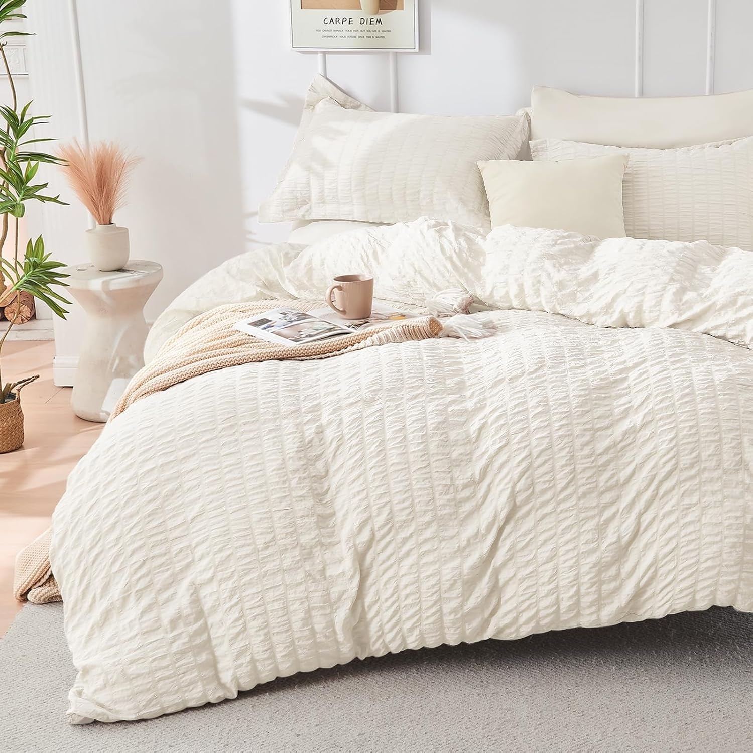 Ivory Queen Comforter Set Seersucker 7 Pieces, All Season Luxury Bed in a Bag for Bedroom, Bedding Set with Comforters, Sheets, Pillowcases & Shams