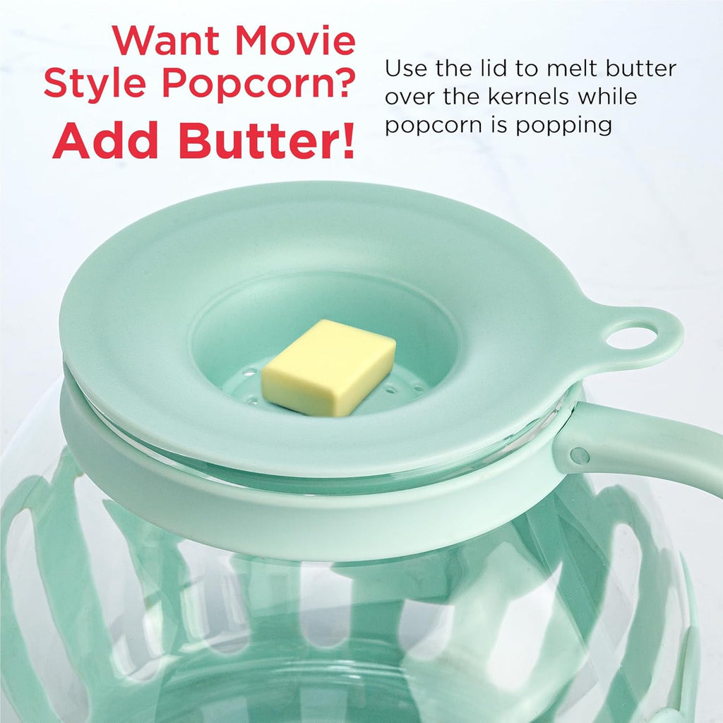 Patented Micro-Pop Microwave Popcorn Popper with Temperature Safe Glass, 3-In-1 Lid Measures Kernels and Melts Butter, Made without BPA, Dishwasher Safe, 3-Quart, Aqua