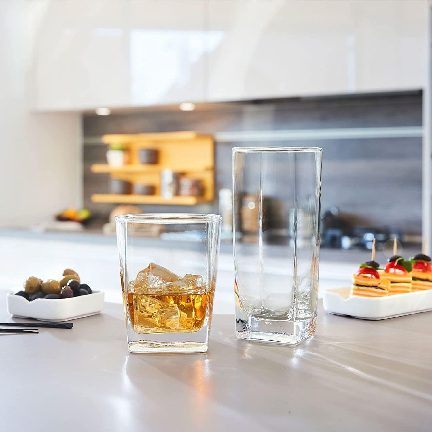 Collins Everyday Drinking Glasses Set of 16 Drinkware Kitchen Glasses for Cocktail, Iced Coffee, Beer, Ice Tea, Wine, Whiskey, Water, 8 Tall Highball Glass Cups & 8 Short Old Fashioned.