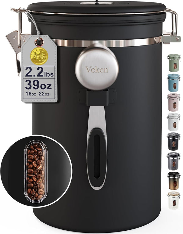 Large Coffee Canister with Window, Kitchen Food Storage Airtight Stainless Steel Container for 2.2Lbs Coffee Beans, Grounds, Rice,Tea, Flour, Cereal, Sugar Jars,Date Tracker and Scoop 39Oz,Black