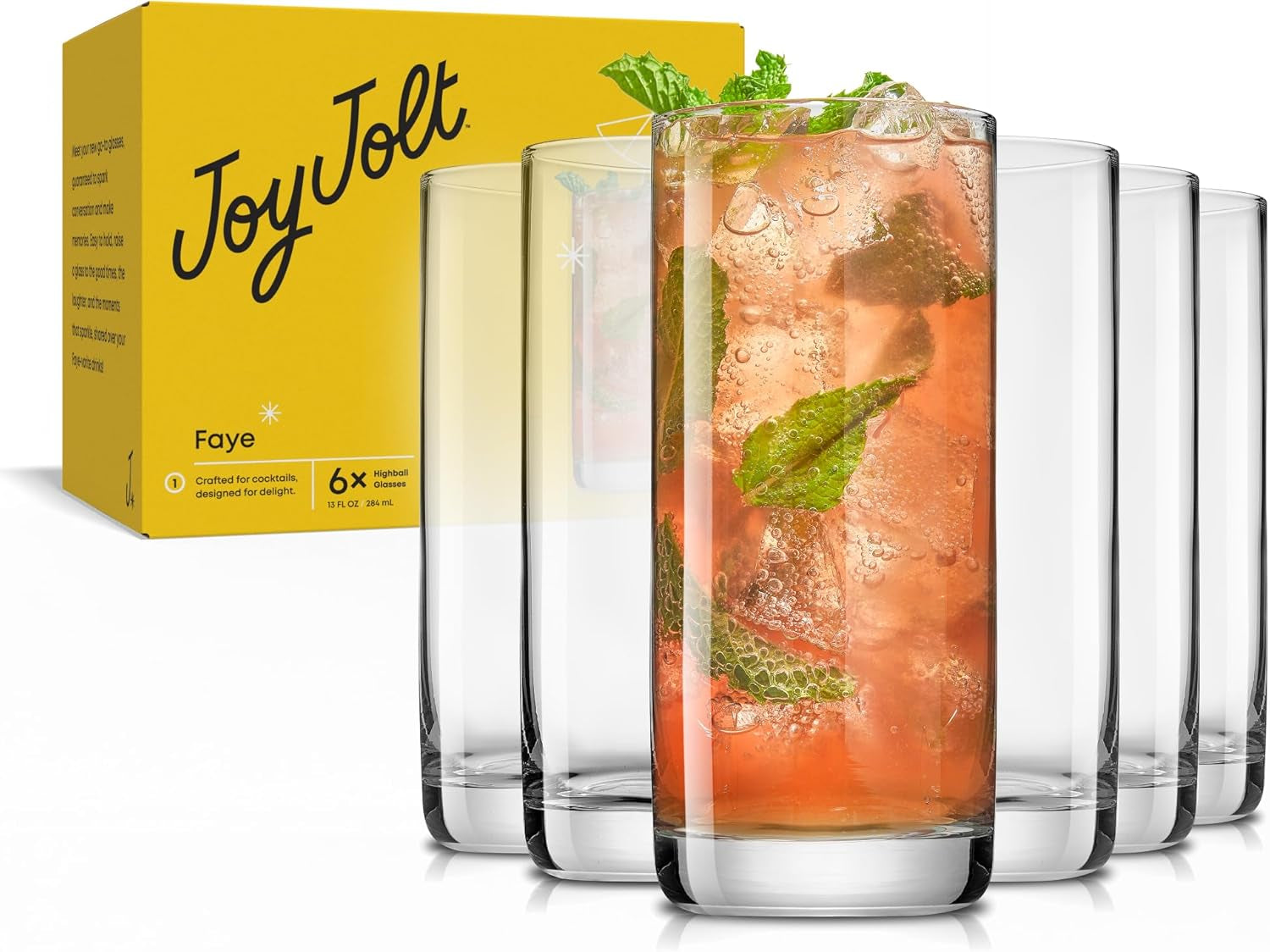Faye 13Oz Highball Glasses, 6Pc Tall Glass Sets. Lead-Free Crystal Drinking Glasses. Water Glasses, Mojito Glass Cups, Tom Collins Bar Glassware, and Mixed Drink Cocktail Glass Set