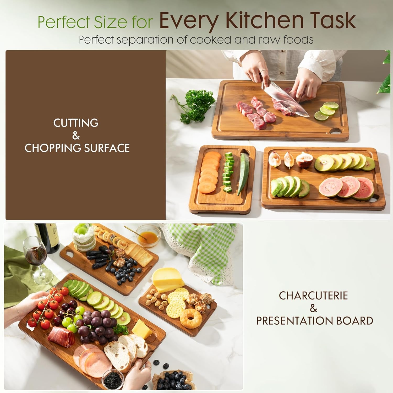 Deep-Carbonized Bamboo Cutting Boards for Kitchen with Wood Storage Stand, Reversible Charcuterie & Chopping Boards with Juice Grooves and Easy-Grip Handles, Mothers Day Gifts