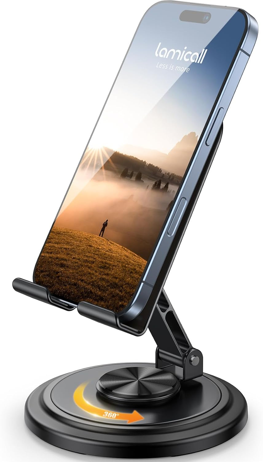 Cell Phone Stand for Desk - [360° Rotation] Sturdy Adjustable Desktop Phone Holder, Foldable Mobile Stand, Office Desk Accessories Gifts for Iphone 17 16 15 14 Pro Max, Galaxy S26, Cellphone