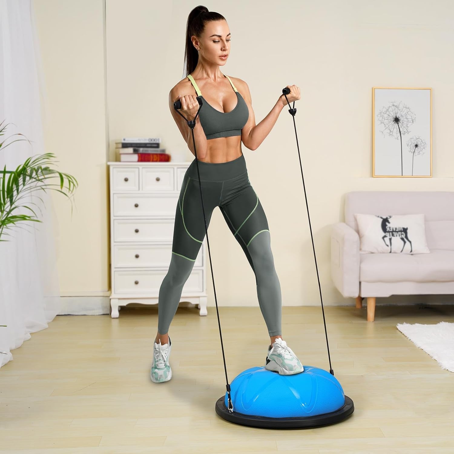 Half Exercise Ball Trainer, 23/26 Inch Balance Ball Trainer, 1500Lbs Capacity Stability Ball, Yoga Ball with Resistance Bands & Foot Pump, Strength Fitness Ball for Home Gym Full Body Workout