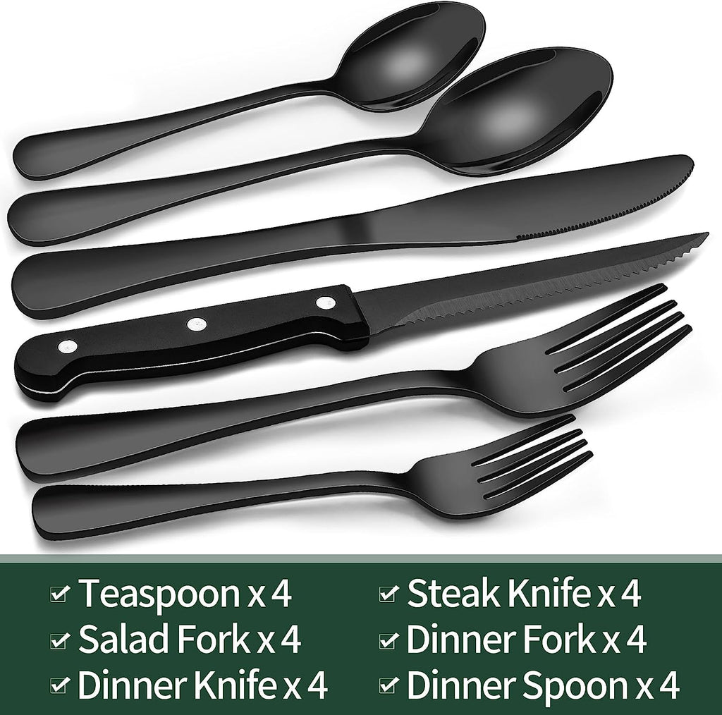 24-Piece Black Silverware Set with Steak Knives, Black Flatware Set for 4, Food-Grade Stainless Steel Tableware Cutlery Set, Mirror Finished Utensil Sets for Home Restaurant, round Edge