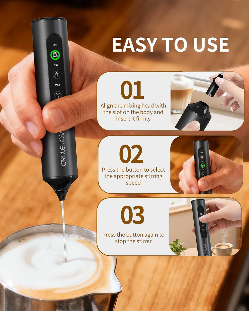 Rechargeable Handheld Milk Frother Wand with Stand, 3 Variable Speeds, 3 Whisks and Storage Box, Electric Drink Mixer for Latte, Cappuccino, Hot Chocolate, Eggs and Protein Powder, Black