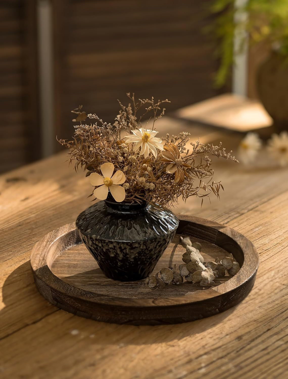 Candle Plate Holder Tray: round Wood Decorative Candle Plate - Rustic Farmhouse Coffeetable Decor - Tealight Pillar Trays for Home Decor (Distressed)