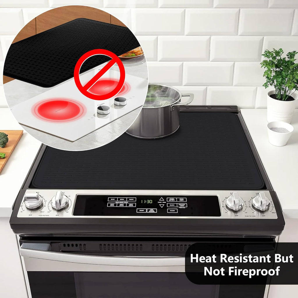 Stove Top Cover for Electric Stove- Range Covers for Electric Stove,Silicone XXL Dish Drying Mat, Glass Cooktop Covers, Flat RV Range Top Mats (Black, 28"X20")