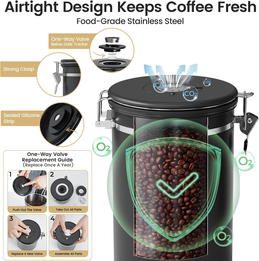 Large Coffee Canister with Window, Kitchen Food Storage Airtight Stainless Steel Container for 2.2Lbs Coffee Beans, Grounds, Rice,Tea, Flour, Cereal, Sugar Jars,Date Tracker and Scoop 39Oz,Black