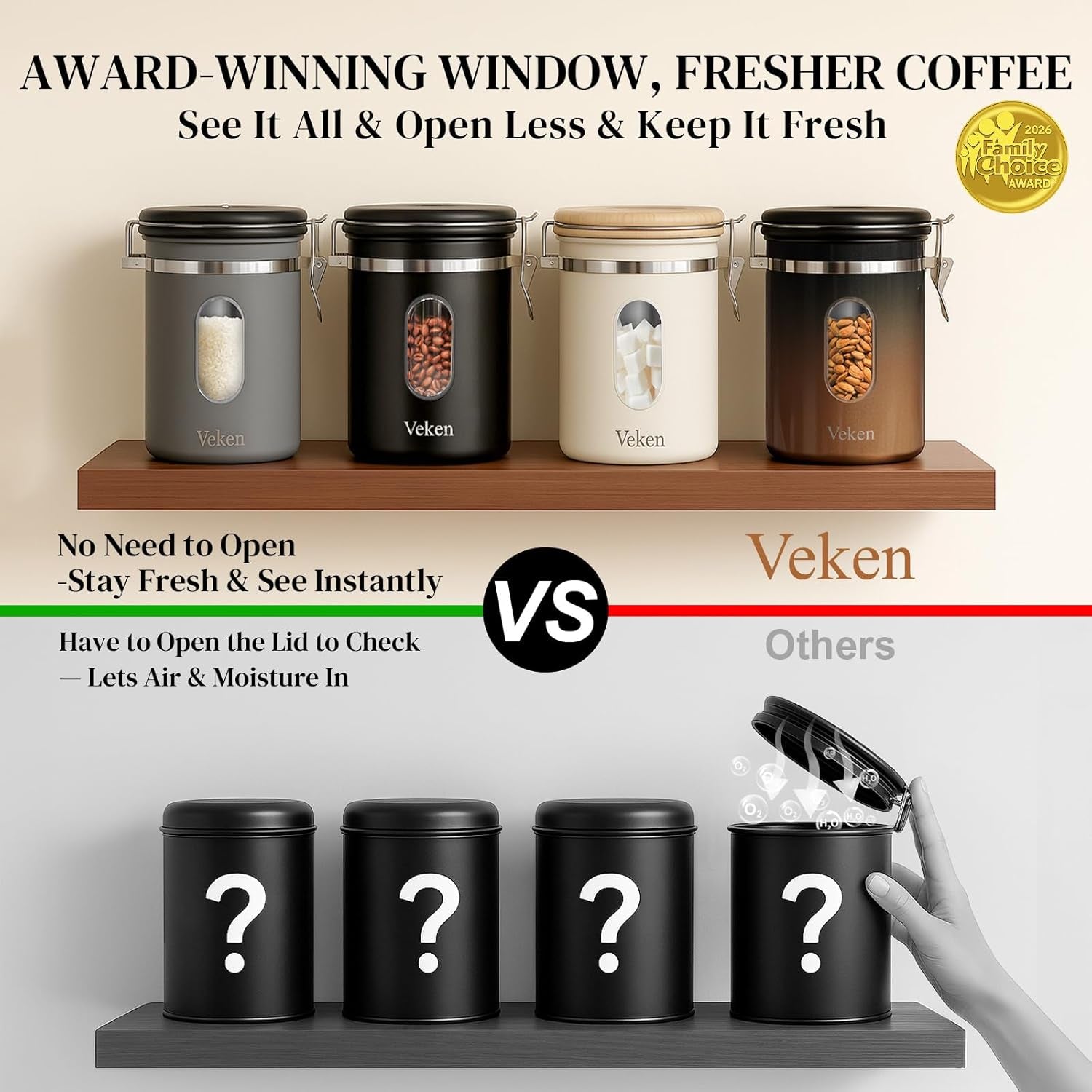 Coffee Sugar Canister with Window, Mothers Day Gifts for Women,Airtight Stainless Steel Kitchen Food Storage Container, Date Tracker & Scoop for Grounds Coffee, Beans,Tea,Flour,Cereal,22Oz,Cream