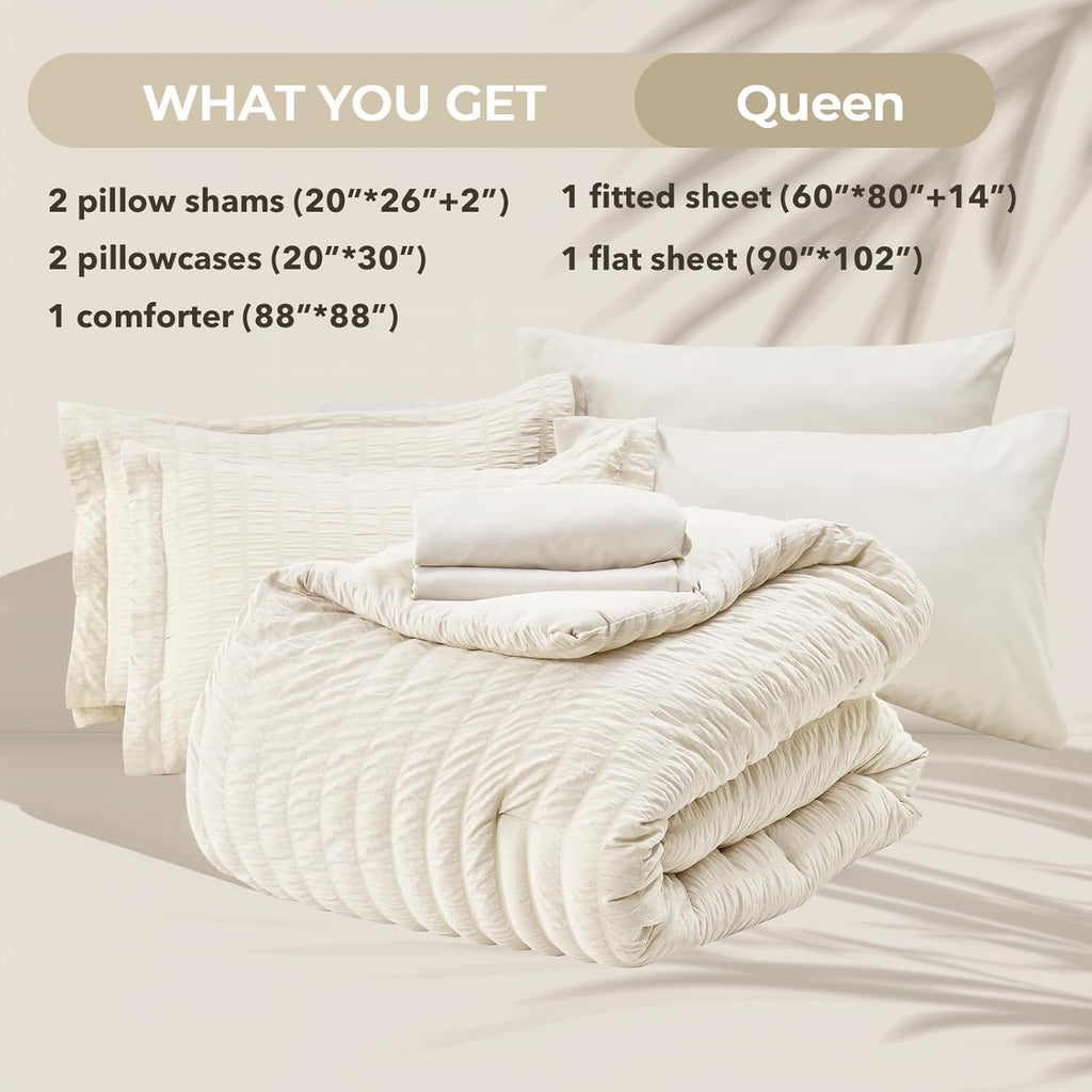Ivory Queen Comforter Set Seersucker 7 Pieces, All Season Luxury Bed in a Bag for Bedroom, Bedding Set with Comforters, Sheets, Pillowcases & Shams