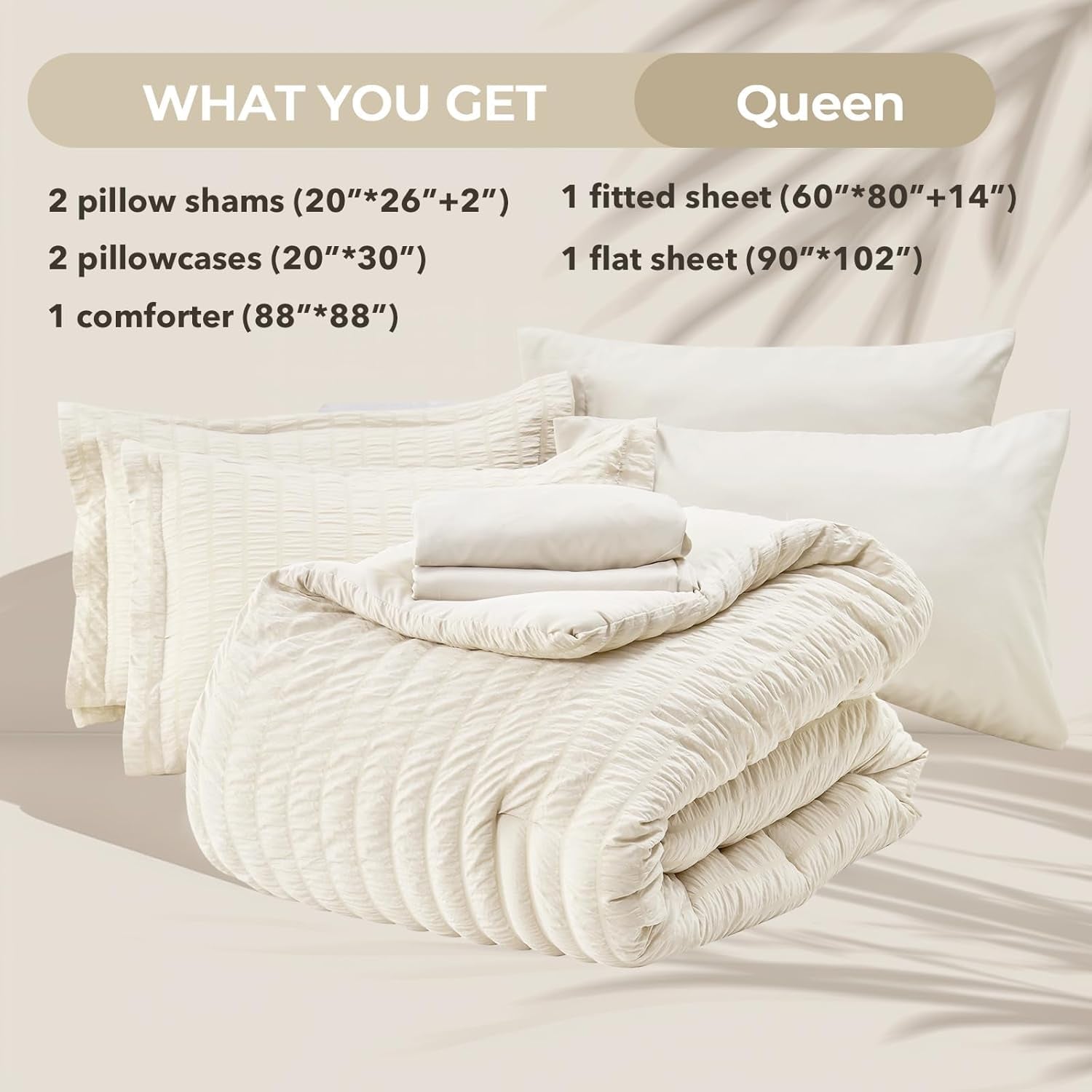 Ivory Queen Comforter Set Seersucker 7 Pieces, All Season Luxury Bed in a Bag for Bedroom, Bedding Set with Comforters, Sheets, Pillowcases & Shams