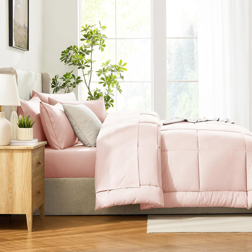 Full Size Comforter Sets Blush Pink, 7 Pieces Bed in a Bag, Pink Comforter Full Size, All Season Bedding Sets with Stitch Quilted Comforter, Flat Sheet, Fitted Sheet, Pillowcases