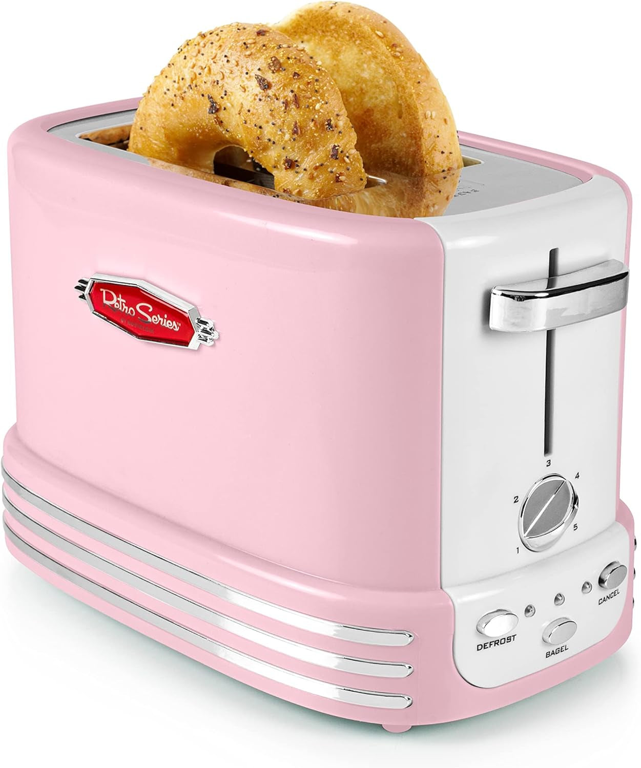 Retro Wide 2-Slice Toaster, Vintage Design with Crumb Tray, Cord Storage & 5 Toasting Levels, Pink