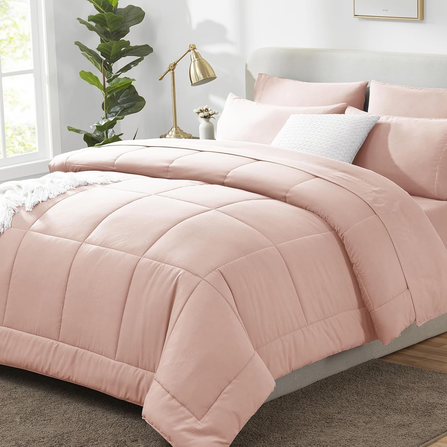 Full Size Comforter Sets Blush Pink, 7 Pieces Bed in a Bag, Pink Comforter Full Size, All Season Bedding Sets with Stitch Quilted Comforter, Flat Sheet, Fitted Sheet, Pillowcases
