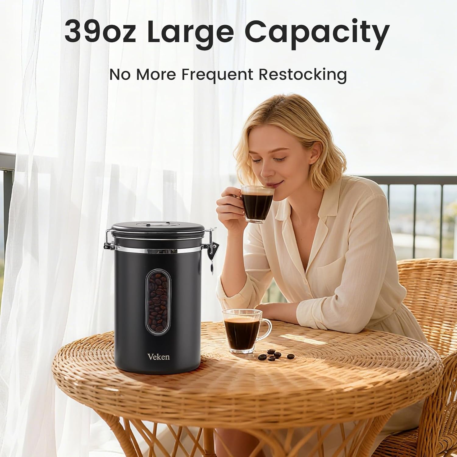 Large Coffee Canister with Window, Kitchen Food Storage Airtight Stainless Steel Container for 2.2Lbs Coffee Beans, Grounds, Rice,Tea, Flour, Cereal, Sugar Jars,Date Tracker and Scoop 39Oz,Black