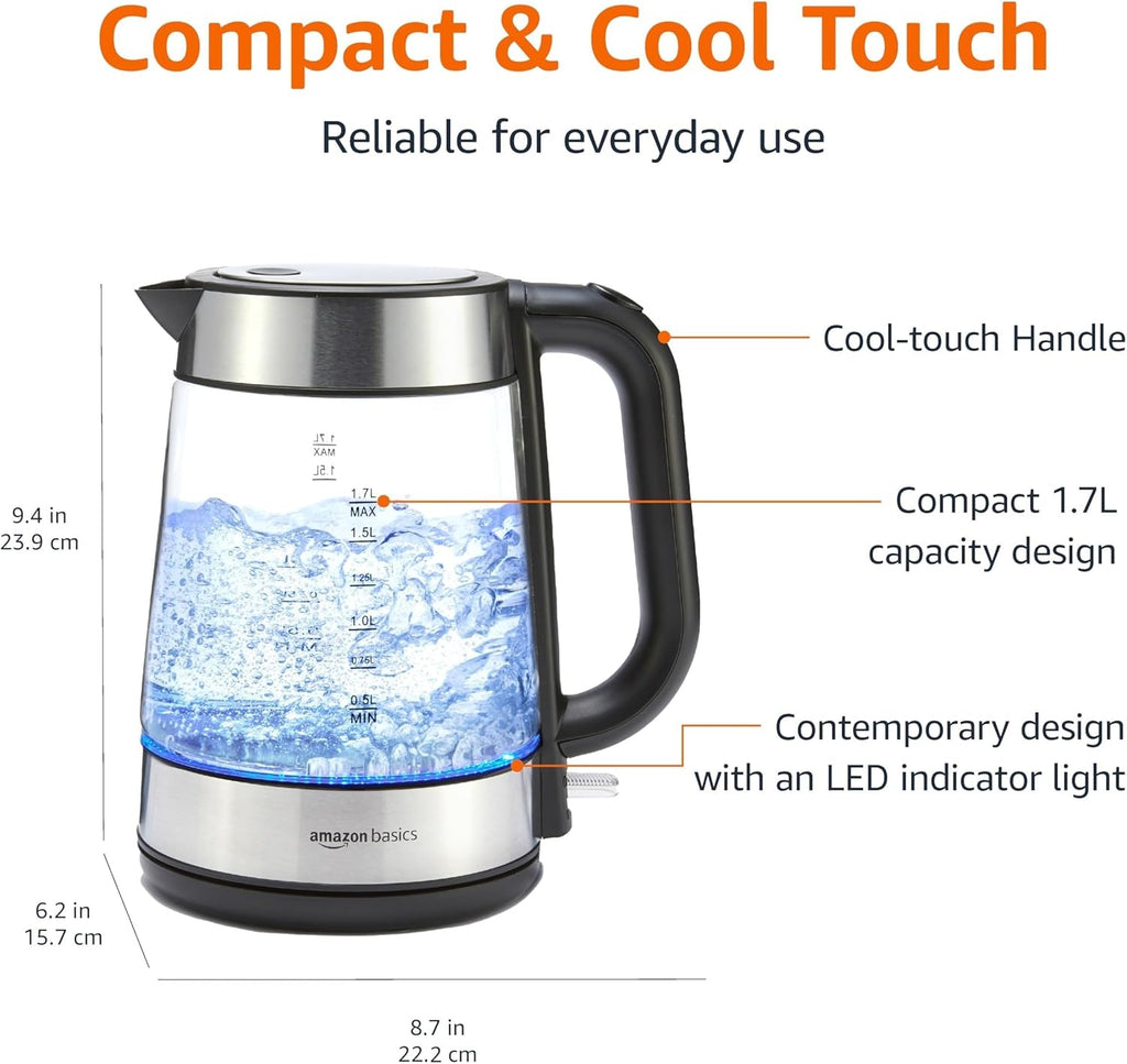 Electric Kettle with Glass Carafe for Tea and Coffee, Bpa-Free, Fast Boiling, Auto Shut-Off, Boil-Dry Protection, Water Level Indicator, 1.7 Liter, 1500W, Black and Silver