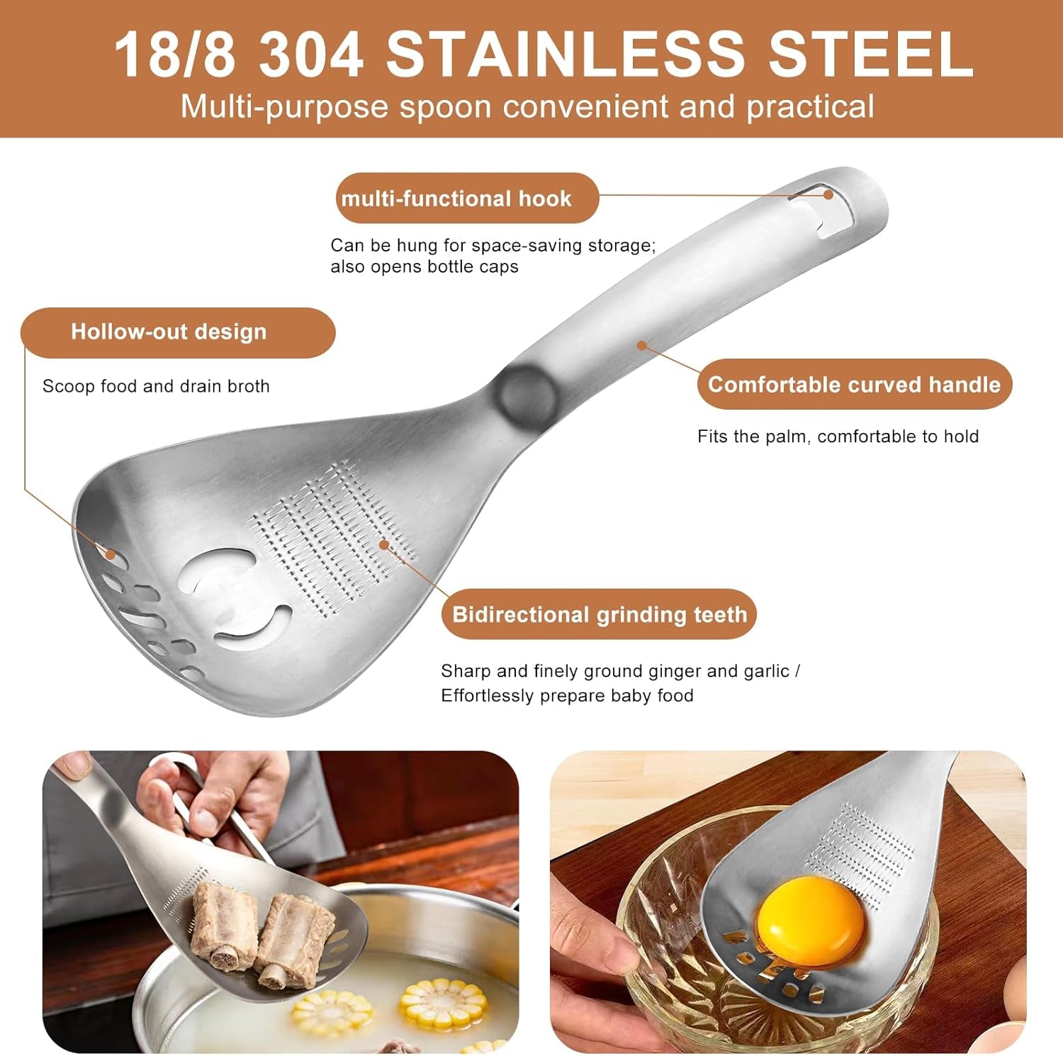 Multifunctional 5-In-1 Cooking Spoon, 18/8 304 Stainless Steel Kitchen Tool for Potato Masher, Egg Separator, Bottle Opener and Mixing Stirrer