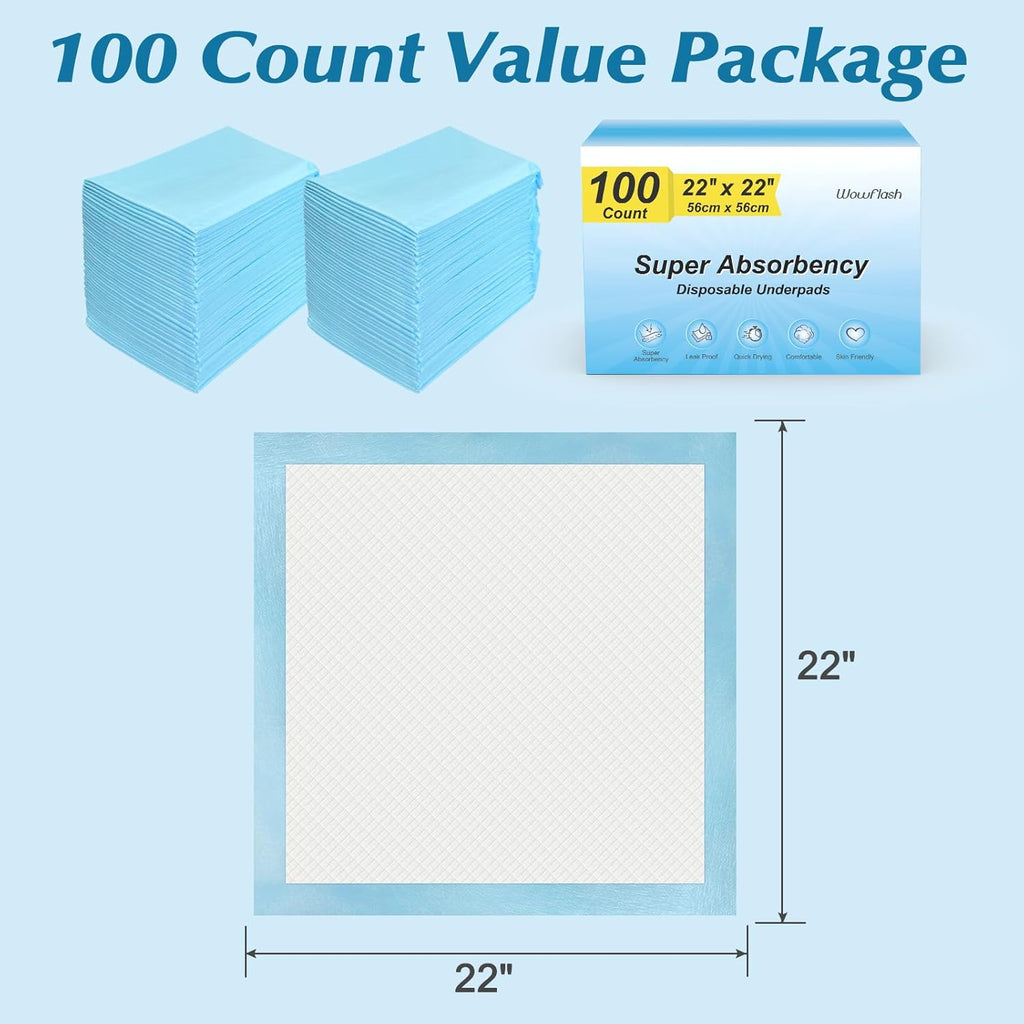 100 Count 22” X 22” Super Absorbency Disposable Underpads, Leakproof Quick Drying Disposable Pads for Baby, Puppy and Adults, Puppy Pads, Cat Pee Pads for Dogs, Potty Puppy Training Pads