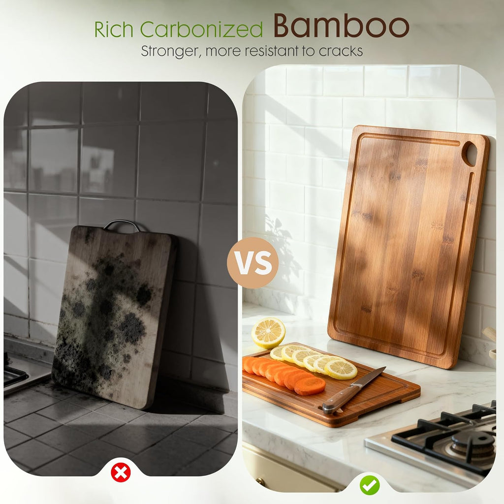 Deep-Carbonized Bamboo Cutting Boards for Kitchen with Wood Storage Stand, Reversible Charcuterie & Chopping Boards with Juice Grooves and Easy-Grip Handles, Mothers Day Gifts