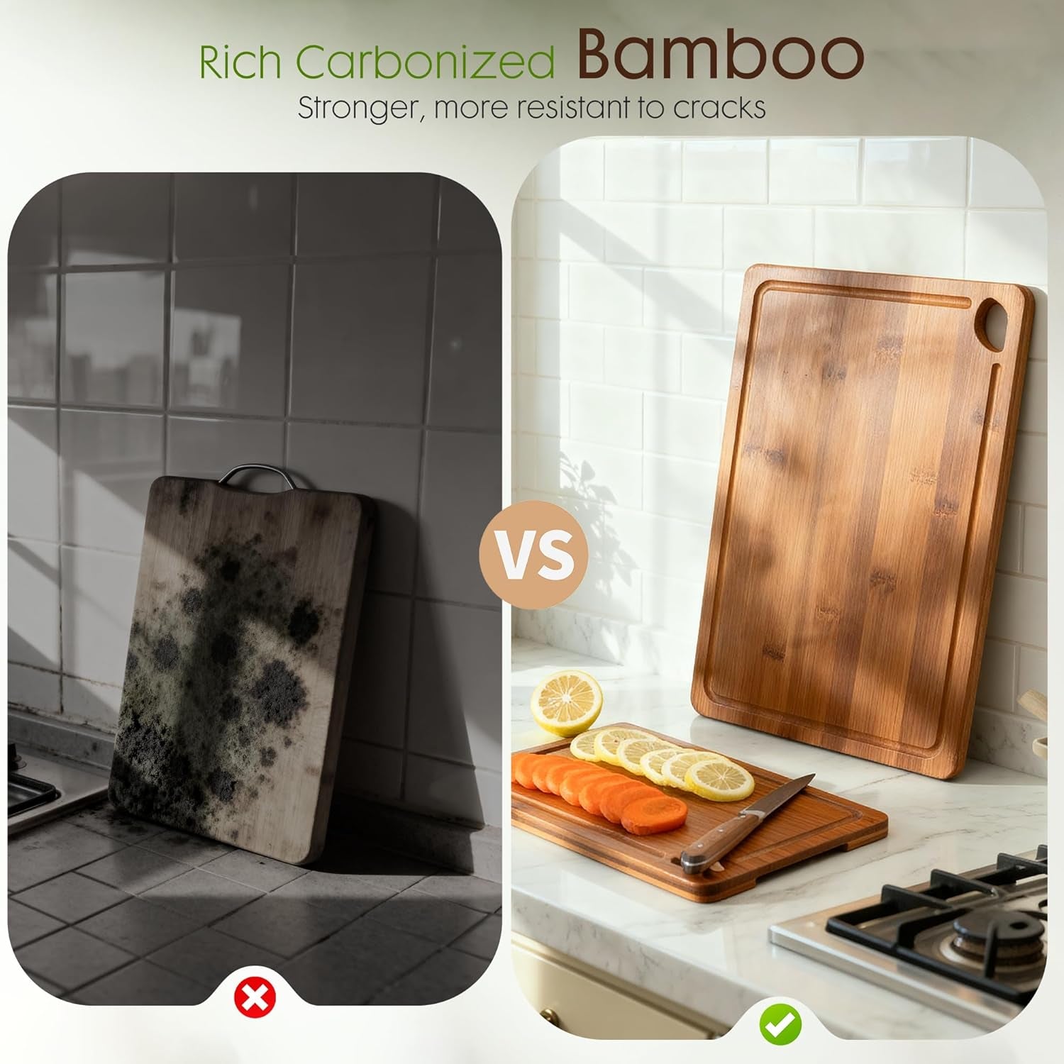Deep-Carbonized Bamboo Cutting Boards for Kitchen with Wood Storage Stand, Reversible Charcuterie & Chopping Boards with Juice Grooves and Easy-Grip Handles, Mothers Day Gifts