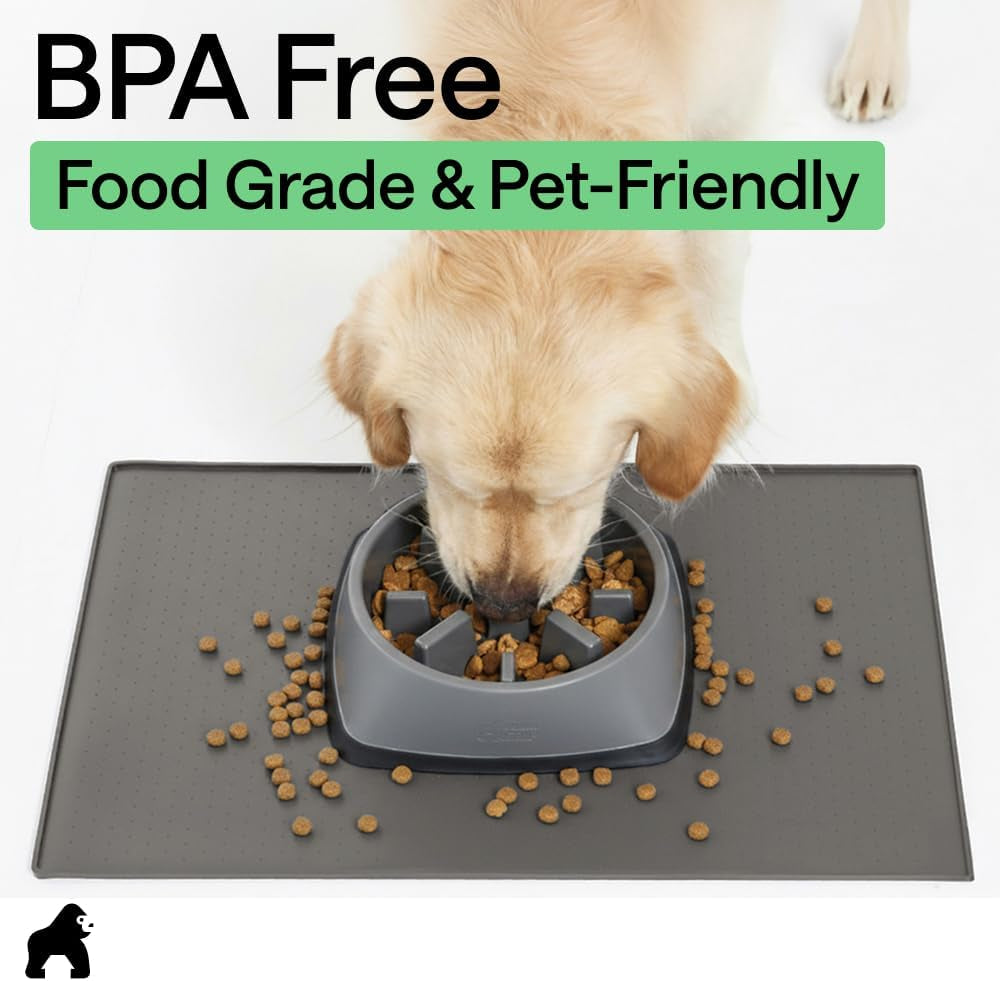 GORILLA GRIP 100% Waterproof Raised Edge BPA Free Silicone Pet Feeding Mat, Dog Cat Food Mats Contain Spills Protects Floors, Placemats for Cats and Dogs Water Bowl, 18.5X11.5, Gray