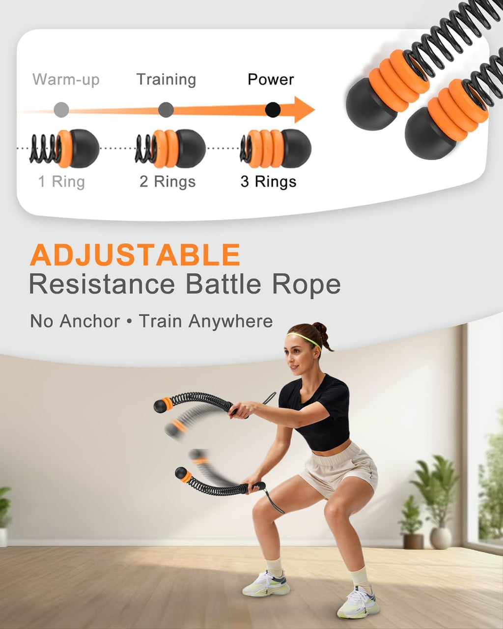 Adjustable Weighted Ropeless Battle Ropes with 6 Weight Rings, Heavy Duty Cordless Battle Rope for HIIT & Cardio Full-Body Workout, Non-Slip Spiral Handles, Home Gym Equipment for Women & Men