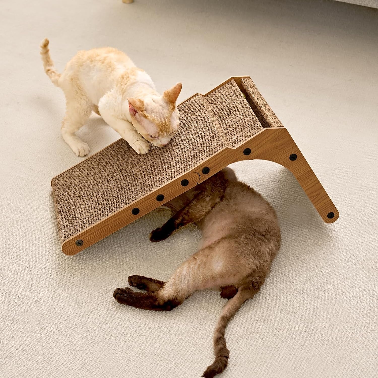 Cardboard Cat Scratcher for Indoor Cats, 26.8 Inch L Shaped Vertical Cat Scratching Board with Ball Cat Toy, Large Cat Scratcher Pad, Brown
