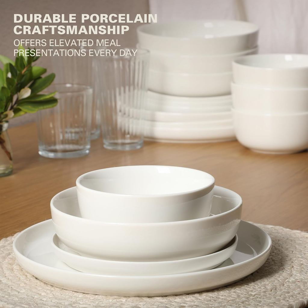 Oslo Dinnerware Set for 4, 16-Piece White Porcelain Plates and Bowls — Ceramic Dish Set | Microwave & Dishwasher Safe