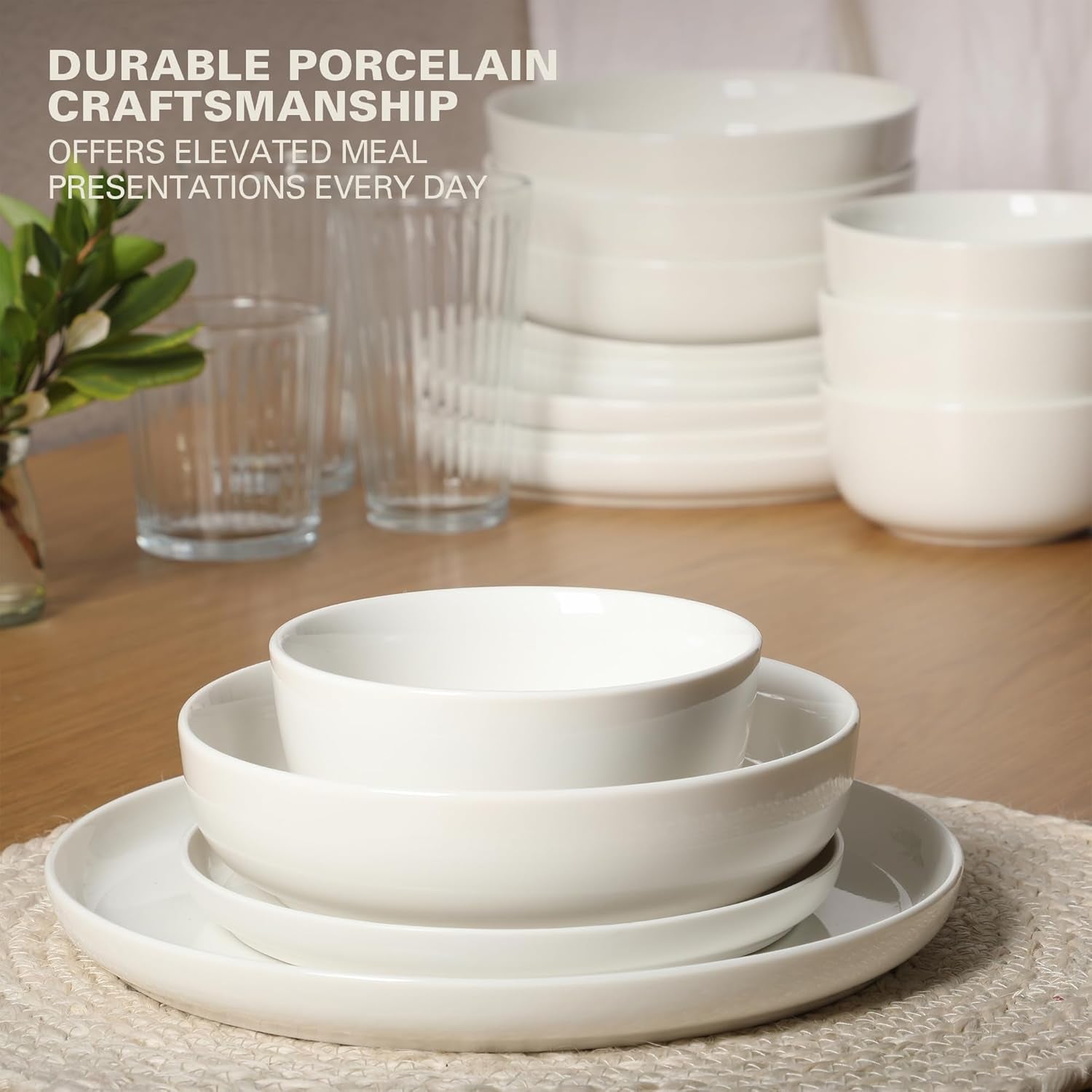 Oslo Dinnerware Set for 4, 16-Piece White Porcelain Plates and Bowls — Ceramic Dish Set | Microwave & Dishwasher Safe