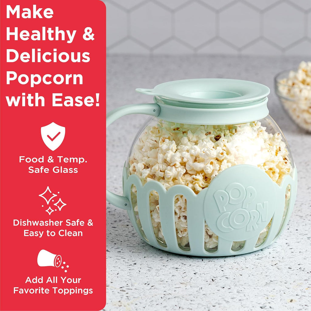 Patented Micro-Pop Microwave Popcorn Popper with Temperature Safe Glass, 3-In-1 Lid Measures Kernels and Melts Butter, Made without BPA, Dishwasher Safe, 3-Quart, Aqua
