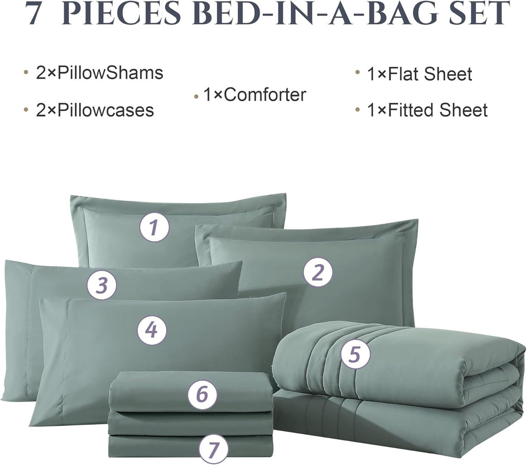 Full Size Comforter Sets - 7 Pieces Sage Green Bed in a Bag Full Size Bedding Sets with Comforter, Sheets, Pillowcases & Shams