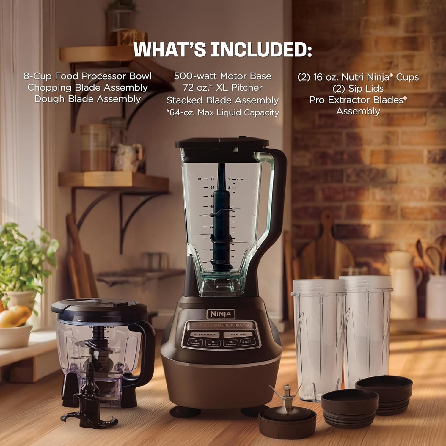 Ninja Kitchen System | All-In-One Food Processor & Blender for Smoothies | Includes Pitcher, (2) 16 Oz. To-Go Cups & 8-Cup Bowl | Makes Salsa, Dough, Shakes, & Frozen Drinks | 1500W | Black | BL770