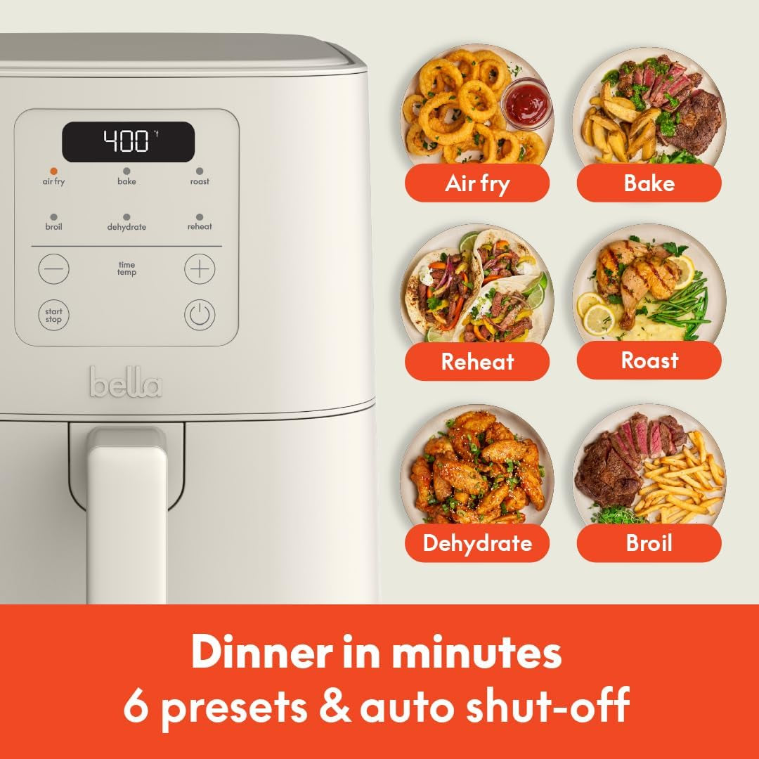 4Qt Slim Air Fryer, Fits-Anywhere™ Kitchenware, Evergood™ Ceramic Nonstick Coating, Adjustable Temperature, 6 Preset Cooking Options, 60 Min Auto Shutoff W Audible Tone, 3.3Lb Capacity, Oatmilk