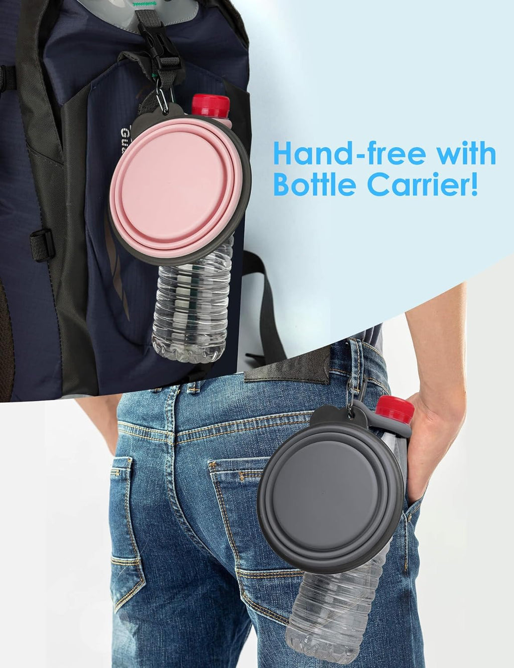 Collapsible Dog Bowls with Bottle Carrier, 2 Pack Travel Dog Water Bowl Upgraded Carabiner, One-Piece Molded Rim No Fall off or Crack, Foldable Silicone Portable for Pets Walking Hiking 15Oz