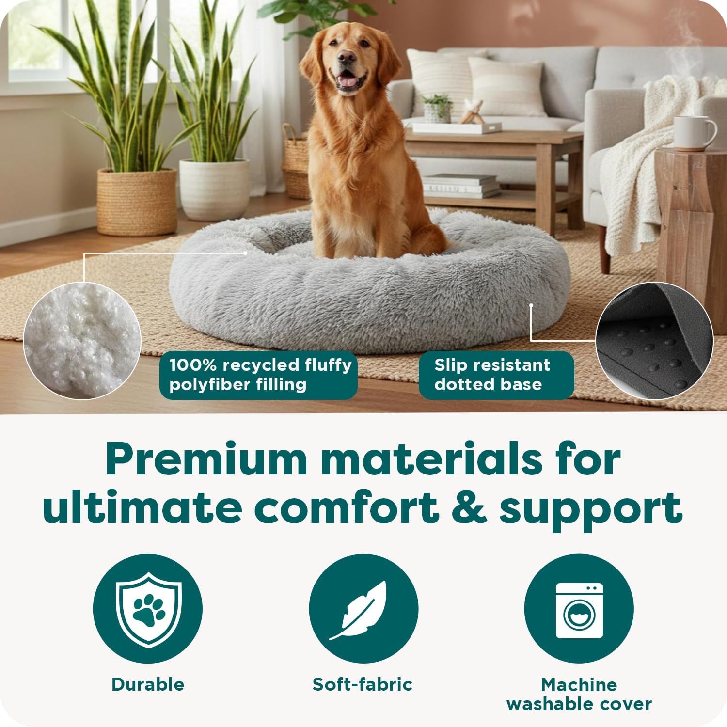 23" Calming Donut Dog Bed for Small Dogs & Cats, round Plush Donut Design with Soft Filling for Snuggling Comfort, Removable Washable Cover, Small, Shaggy Faux Fur, Mist Gray