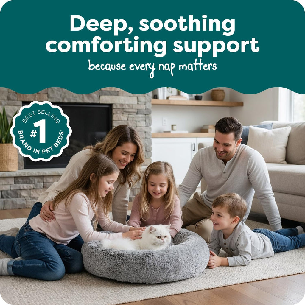 23" Calming Donut Dog Bed for Small Dogs & Cats, round Plush Donut Design with Soft Filling for Snuggling Comfort, Removable Washable Cover, Small, Shaggy Faux Fur, Mist Gray