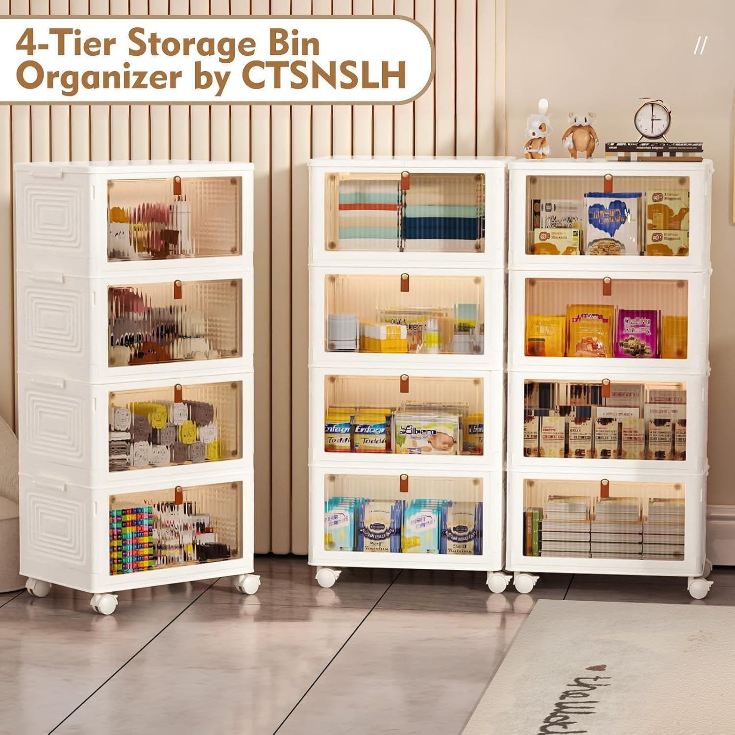 4 Tier Plastic Storage Bins with Lid 23QT - Stackable Storage Bins with Wheels, Organizers and Storage, Plastic Storage Cabinet Organization and Storage for Living Room,Office,Dorm
