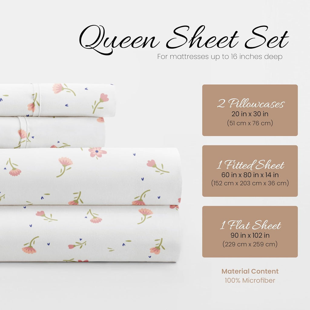 4 Piece Queen Sheet Set - Breathable, Double-Brushed Patterned Cooling Sheets – Oeko-Tex Certified Ultra Soft & Wrinkle-Free 16" Deep-Pocket Queen Sheets - Easy Care Soft Floral Pink
