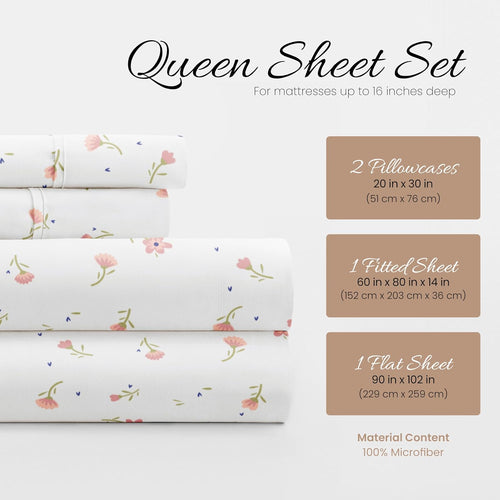 4 Piece Queen Sheet Set - Breathable, Double-Brushed Patterned Cooling Sheets – Oeko-Tex Certified Ultra Soft & Wrinkle-Free 16" Deep-Pocket Queen Sheets - Easy Care Soft Floral Pink
