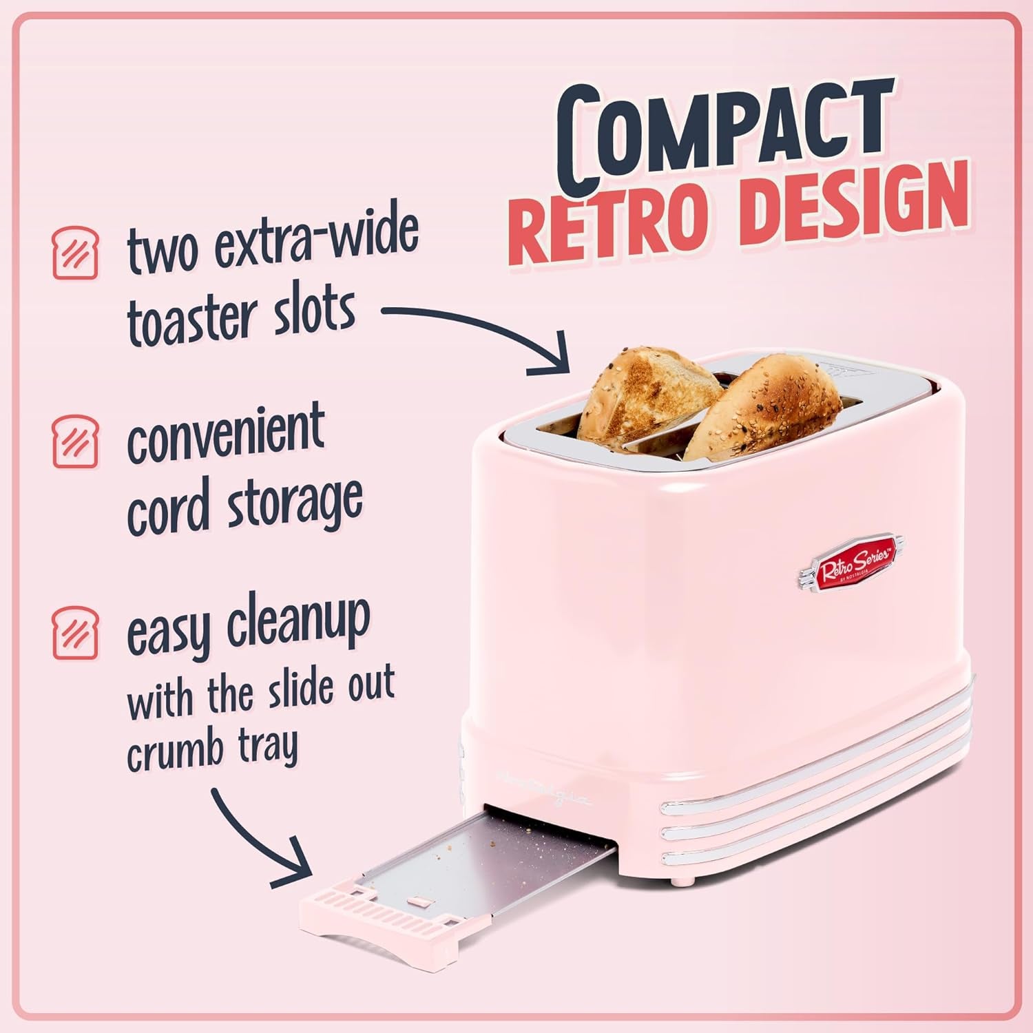 Retro Wide 2-Slice Toaster, Vintage Design with Crumb Tray, Cord Storage & 5 Toasting Levels, Pink