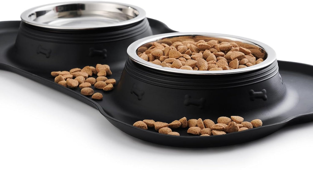 Pet Dog Bowls 2 Stainless Steel Dog Bowl with No Spill Non-Skid Silicone Mat + Pet Food Scoop Water and Food Feeder Bowls for Feeding Small Medium Large Dogs Cats Puppies (S, Black)