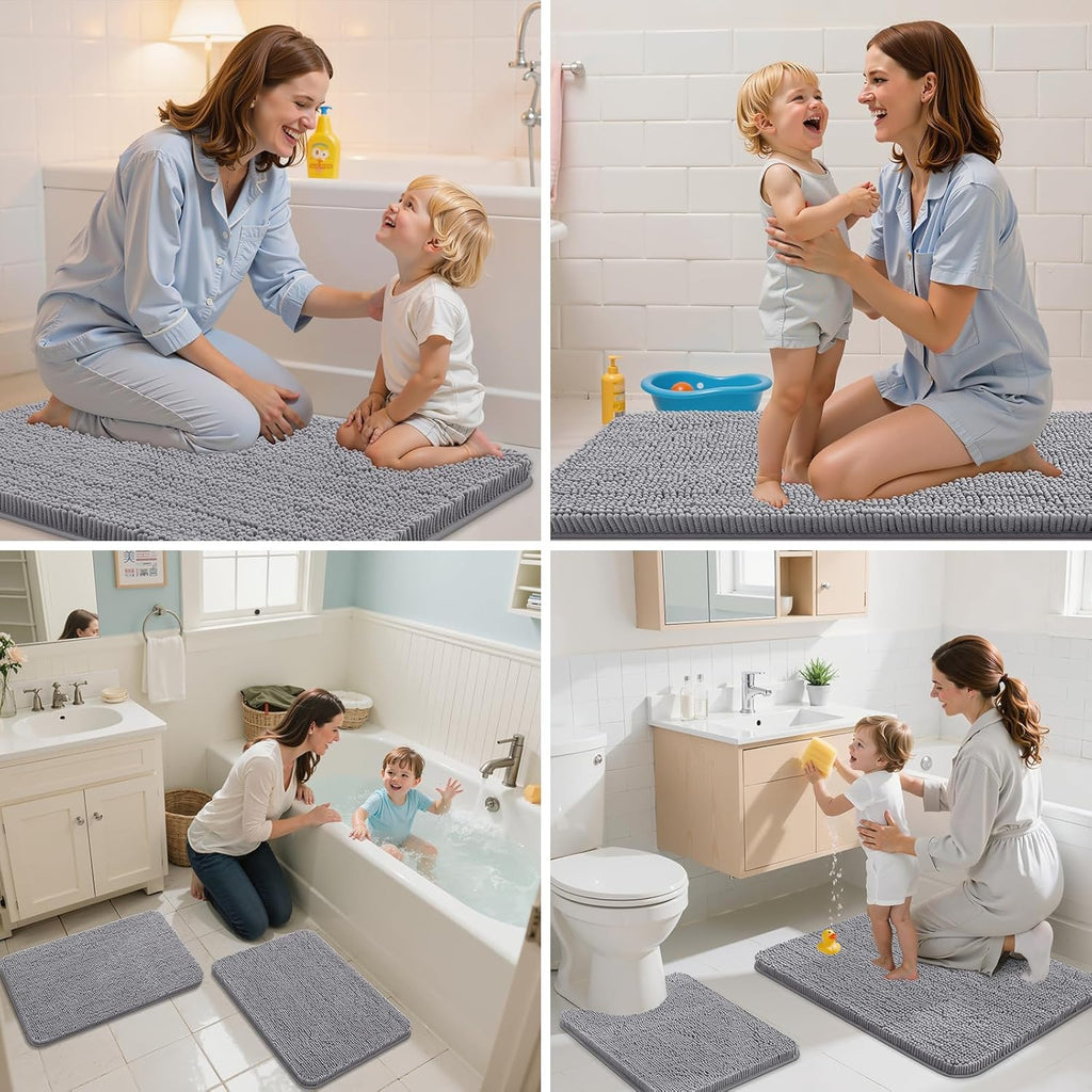 Bathroom Rugs 30X20, Extra Soft Absorbent Shaggy Chenille Bath Rugs, Machine Washable Rubber Backing Non-Slip Bath Mats for Bathroom Floor Tub and Shower, Home Decor Accessories, Grey