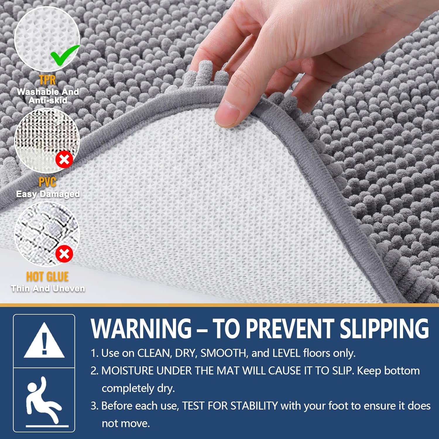 Bathroom Rugs 30X20, Extra Soft Absorbent Shaggy Chenille Bath Rugs, Machine Washable Rubber Backing Non-Slip Bath Mats for Bathroom Floor Tub and Shower, Home Decor Accessories, Grey