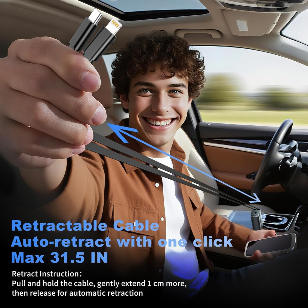 Retractable Car Charger 4 in 1, Car Charger USB C Fast Charge 84W Cigarette Lighter USB Charger, Travel Essentials Car Accessories Gifts for Men Women for Iphone 17 16 15 14 13 12 Pro Max, Samsung